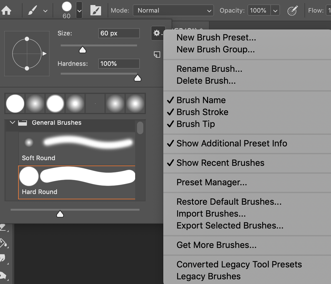 Photoshop brush settings panel configuration
