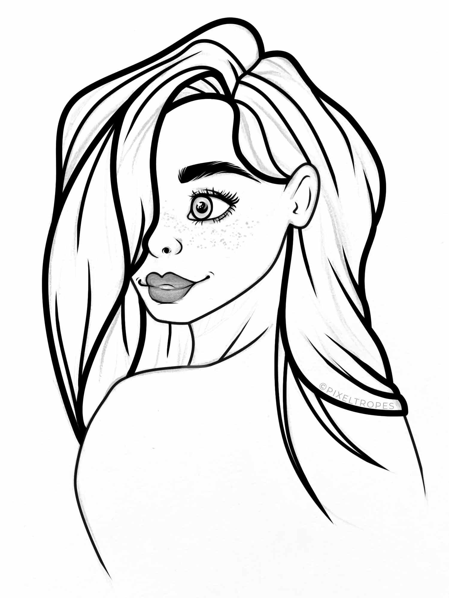 Hair with more details added, with sketch visible underneath